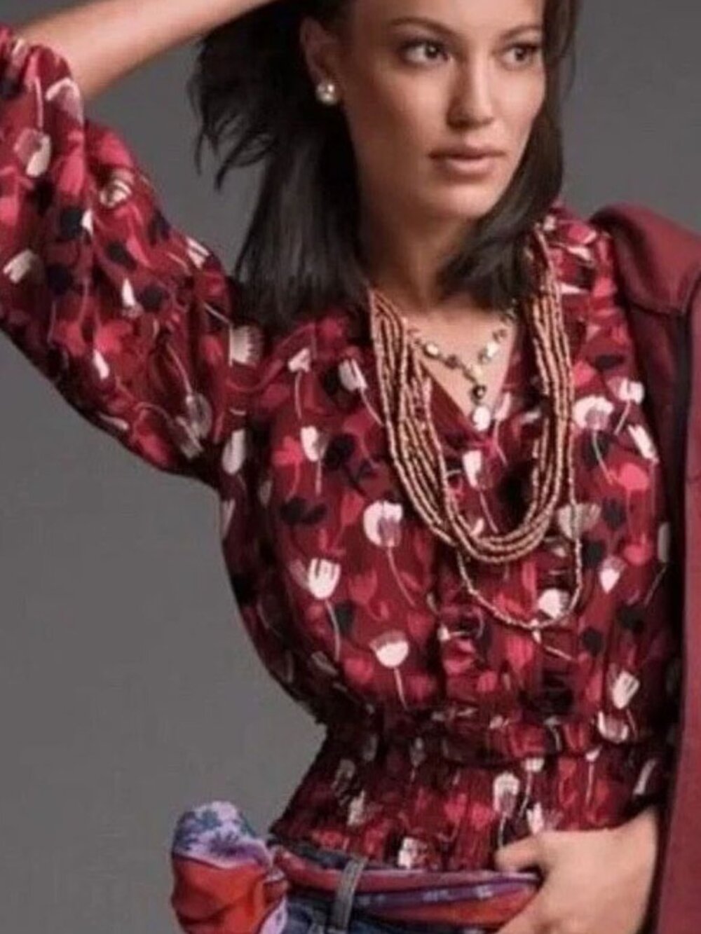 Cabi Corsage Blouse 4157 Size M Wine Blossom Smocked Waist Balloon Sleeves $120